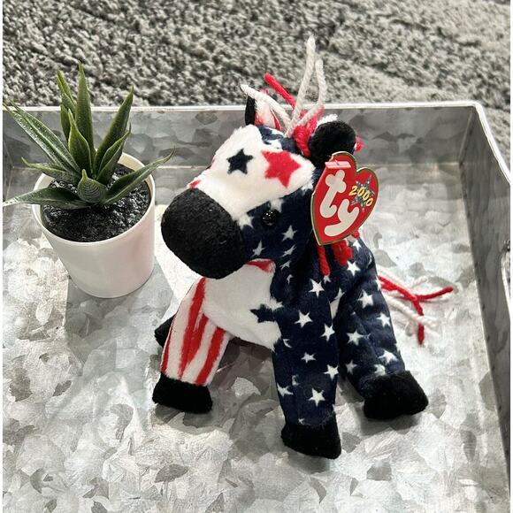 Beanie Baby LEFTY the Patriotic Donkey USA Stars & Stripes TY 2000 NEW NWT MINT‎ - Picture 1 of 4